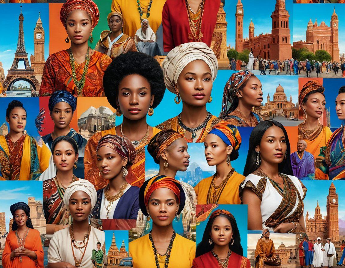 A vibrant collage featuring diverse individuals from various cultures sharing their stories, set against a backdrop of iconic global landmarks. Include elements representing cultural heritage like traditional clothing, artifacts, and symbols of community connection. Showcase warmth and unity through expressive facial features and body language. super-realistic. vibrant colors. 3D.