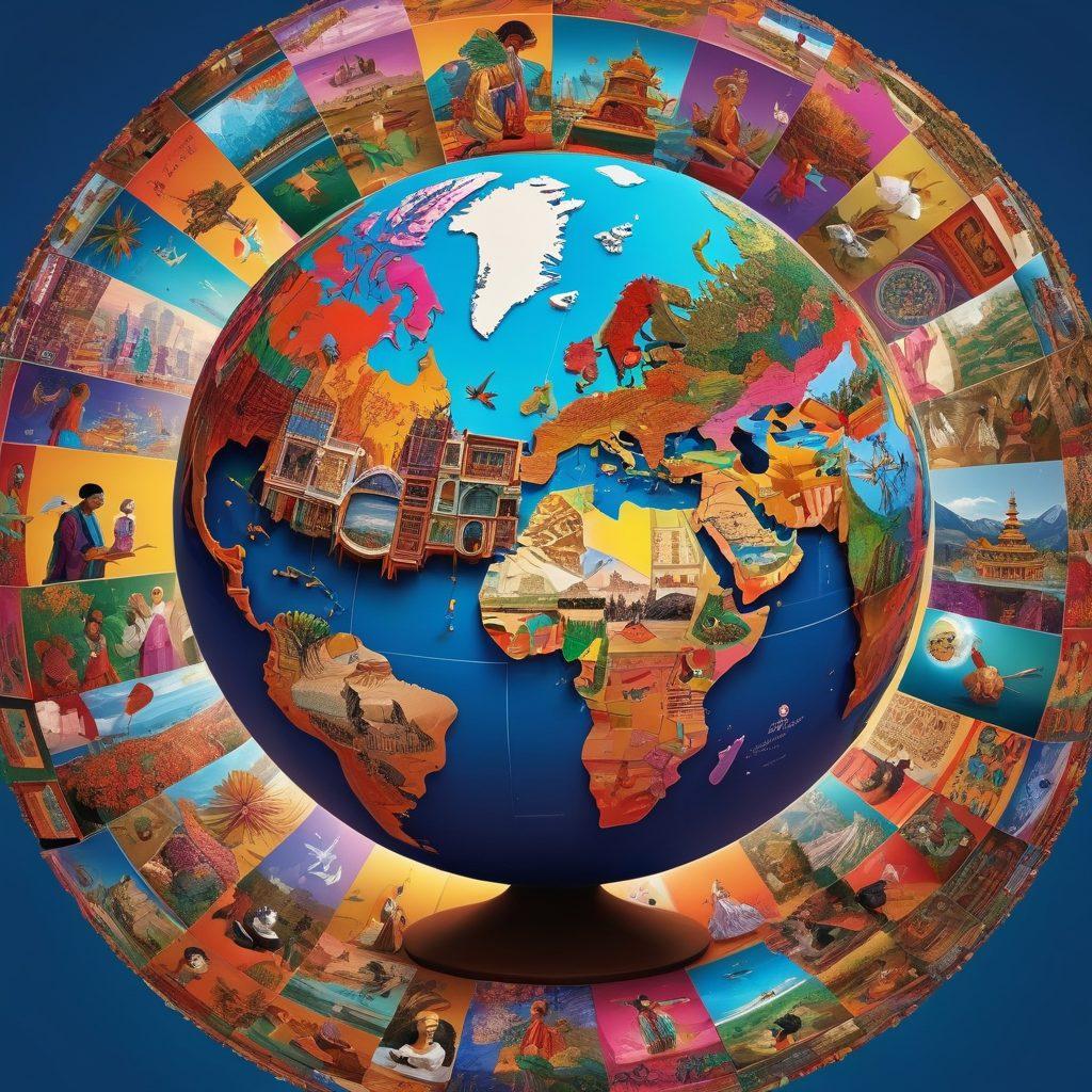 A colorful collage of digital diaries displaying diverse cultural narratives from around the world, interconnected with vibrant threads. Each diary features illustrations representing various ethnic traditions, symbols, and stories. The background should depict a globe made of pixelated digital screens, emphasizing global connectivity. Bright, engaging colors to symbolize diversity and unity. 3D effect. vibrant colors.