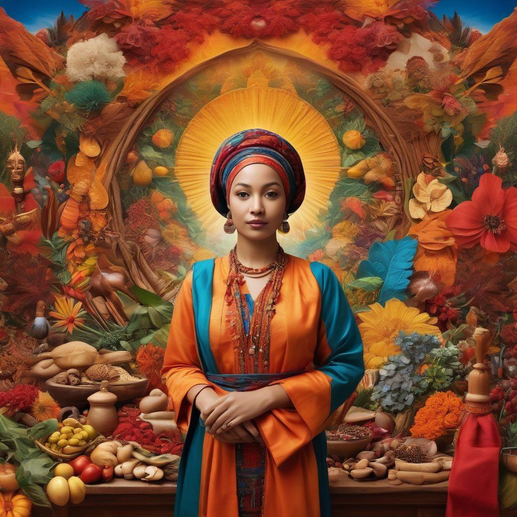 A vibrant collage depicting diverse cultural symbols, people in traditional attire, and various community gatherings showcasing unique traditions and stories. Include elements such as folk art, spices, artifacts, and landscapes from different cultures. The background should be a harmonious blend of colors signifying unity in diversity. super-realistic. vibrant colors. 3D.